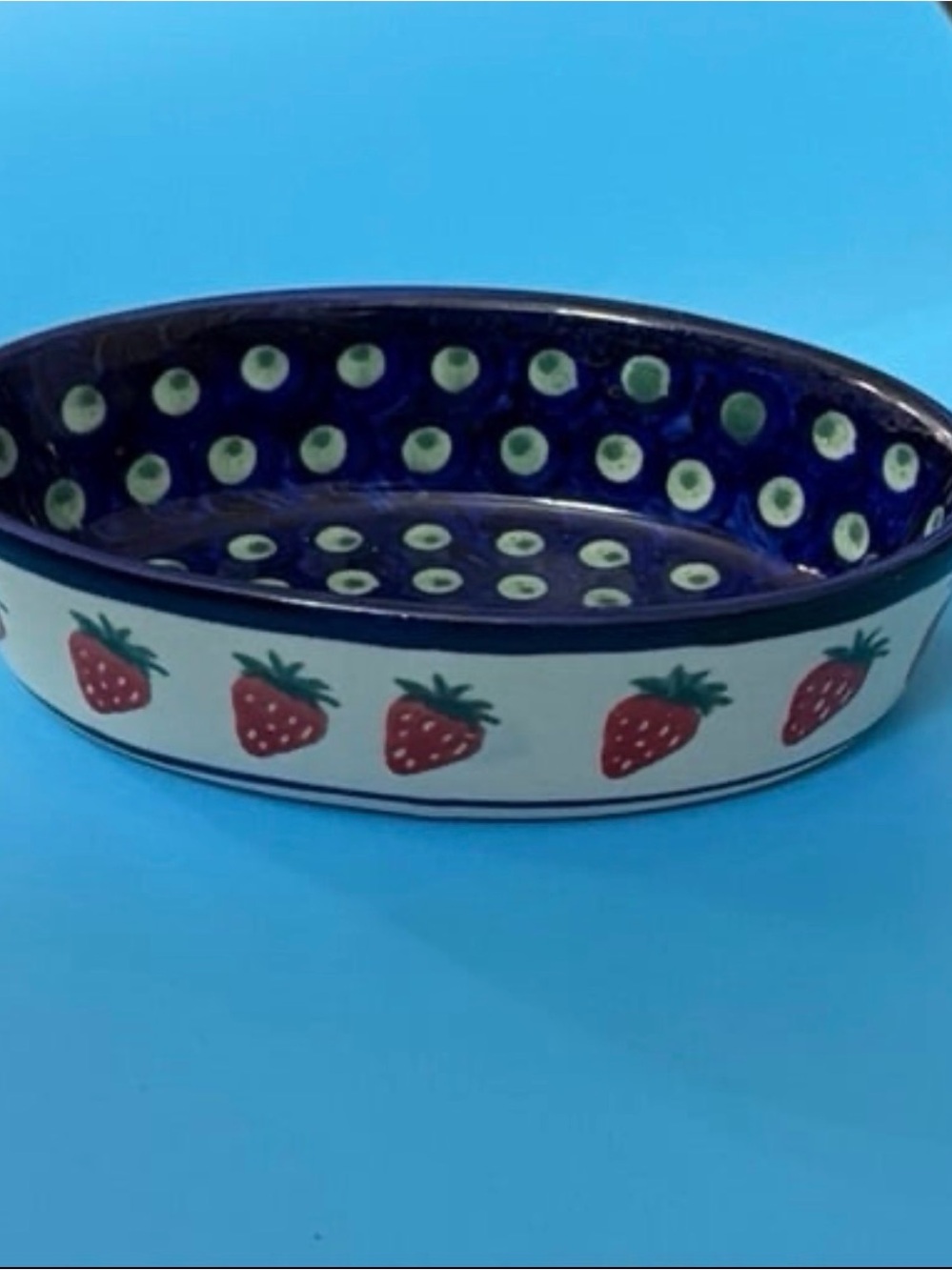 Bolestawiec Polish Pottery 6” Oval Hand-Painted “Berry Bounty” Strawberry Dish